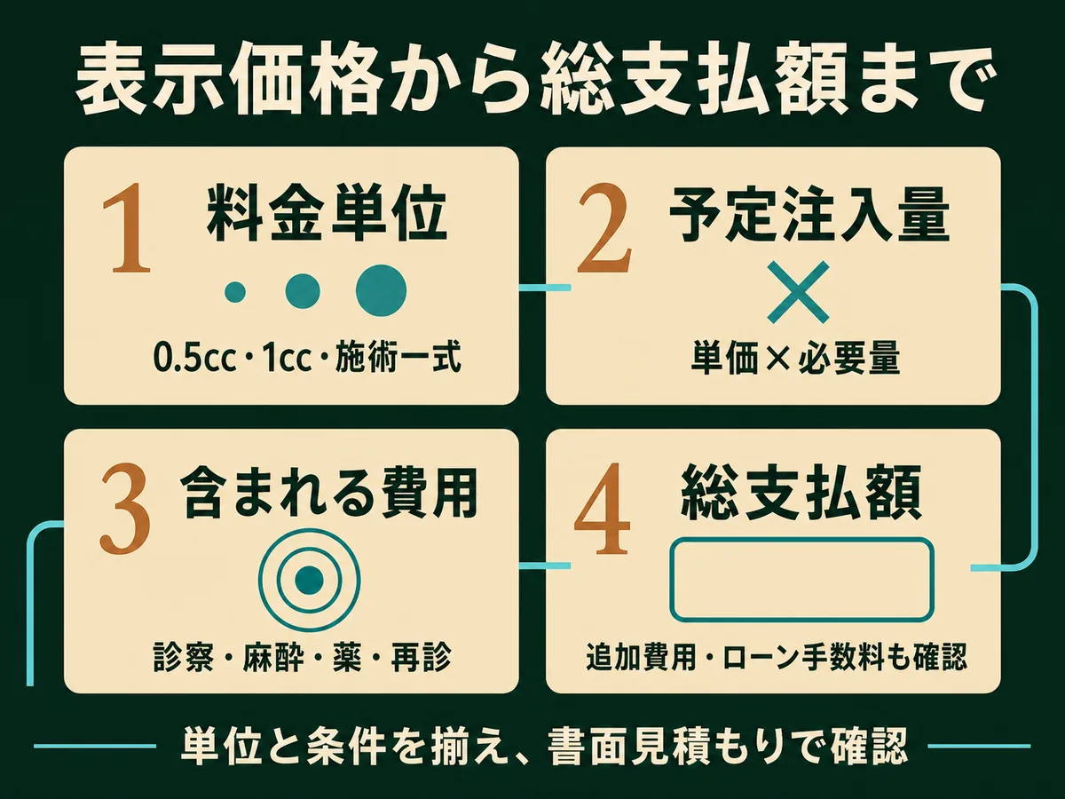 亀頭増大の表示価格から総支払額までに確認する費用項目を整理した図
