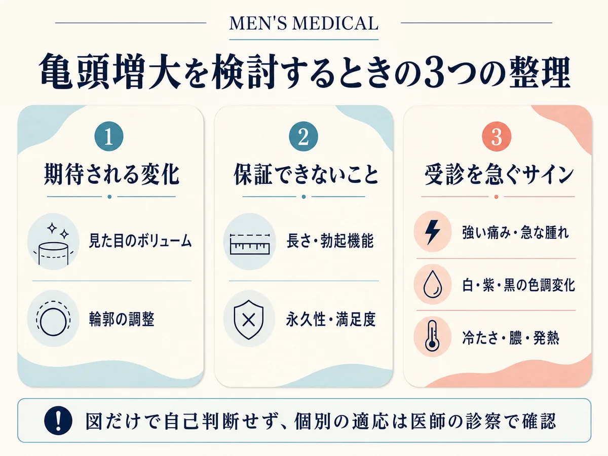 亀頭増大で期待される見た目の変化、保証できないこと、受診を急ぐ症状を整理した図