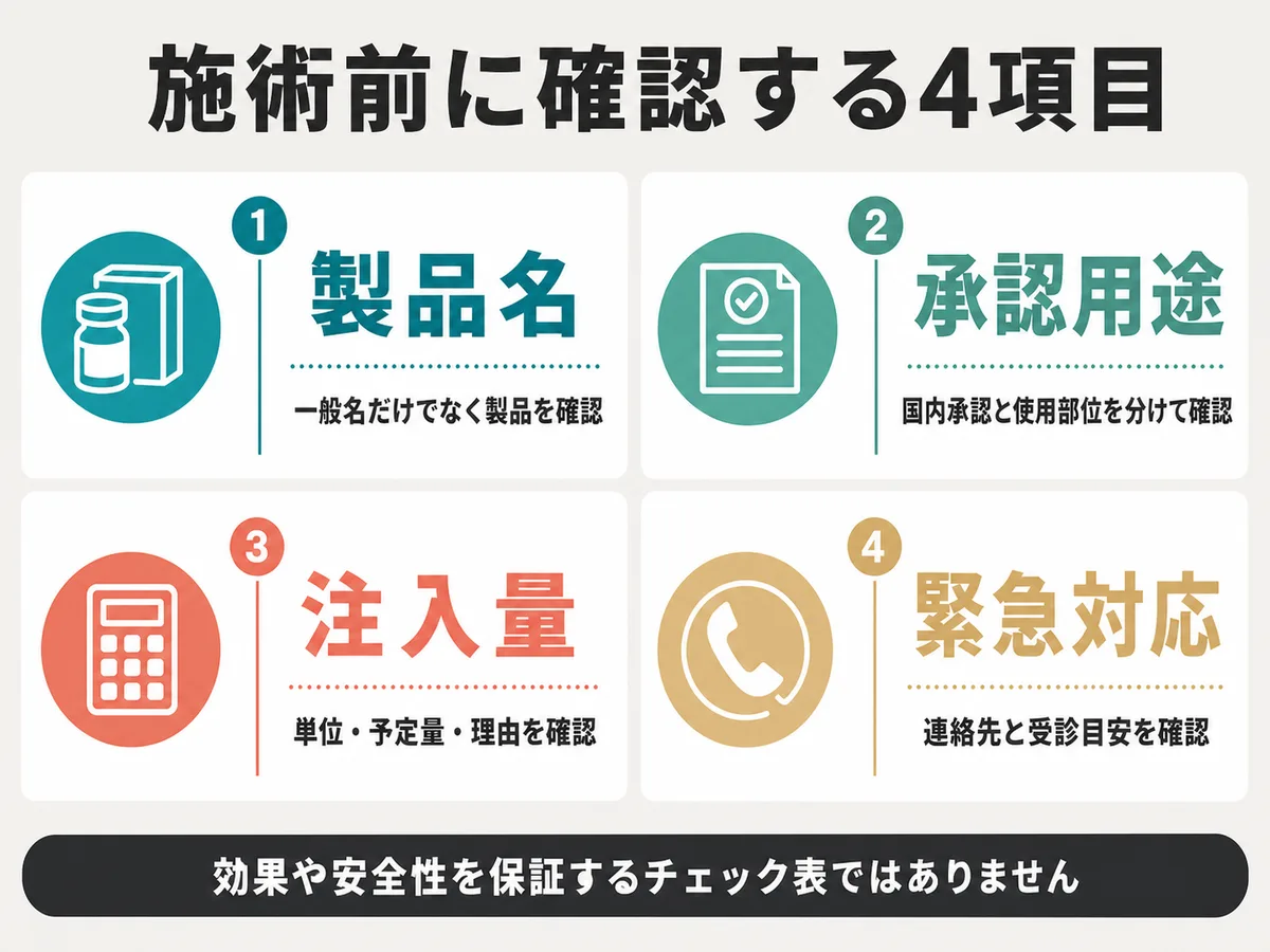 亀頭へのヒアルロン酸注入前に確認する製品名、承認用途、注入量、緊急対応を整理した図