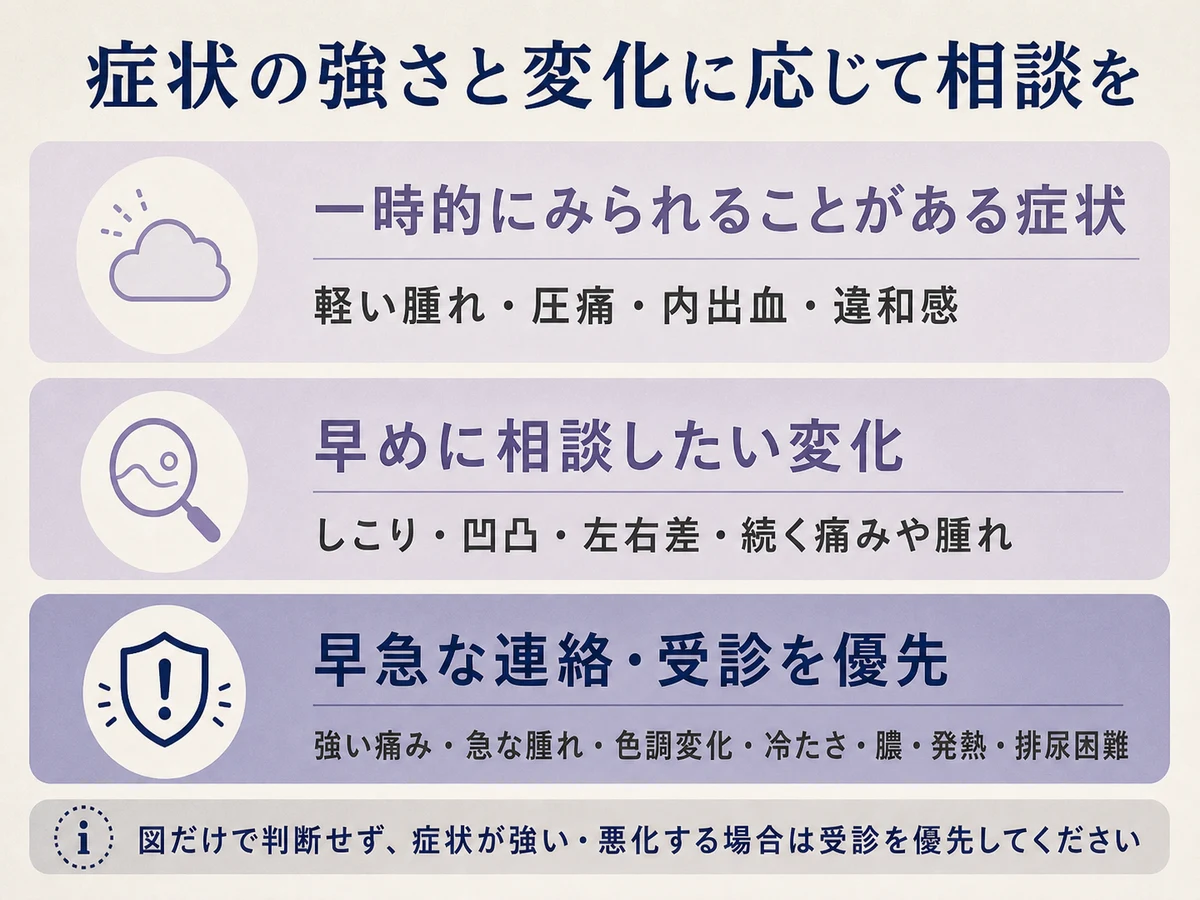 亀頭増大後の症状を一時的な症状、早めに相談したい変化、早急な受診を優先する症状に分けた案内図