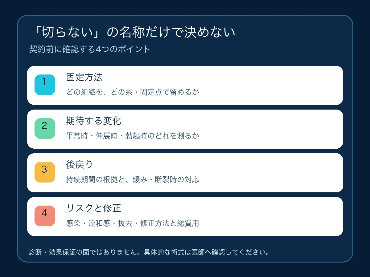 切らない長茎術の検討時に確認する固定方法・変化・後戻り・リスクを整理した図