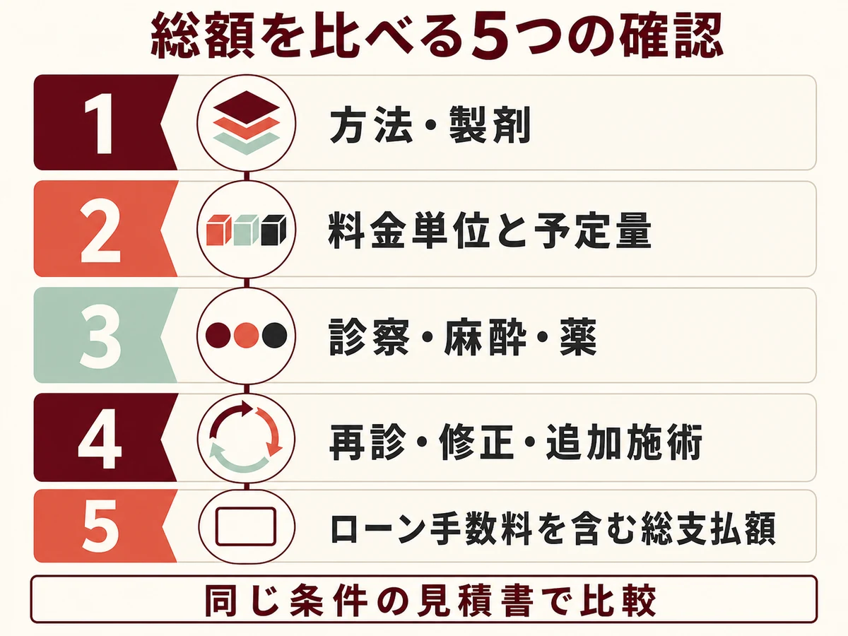 陰茎増大の表示価格から総支払額までに確認する5項目を整理した図