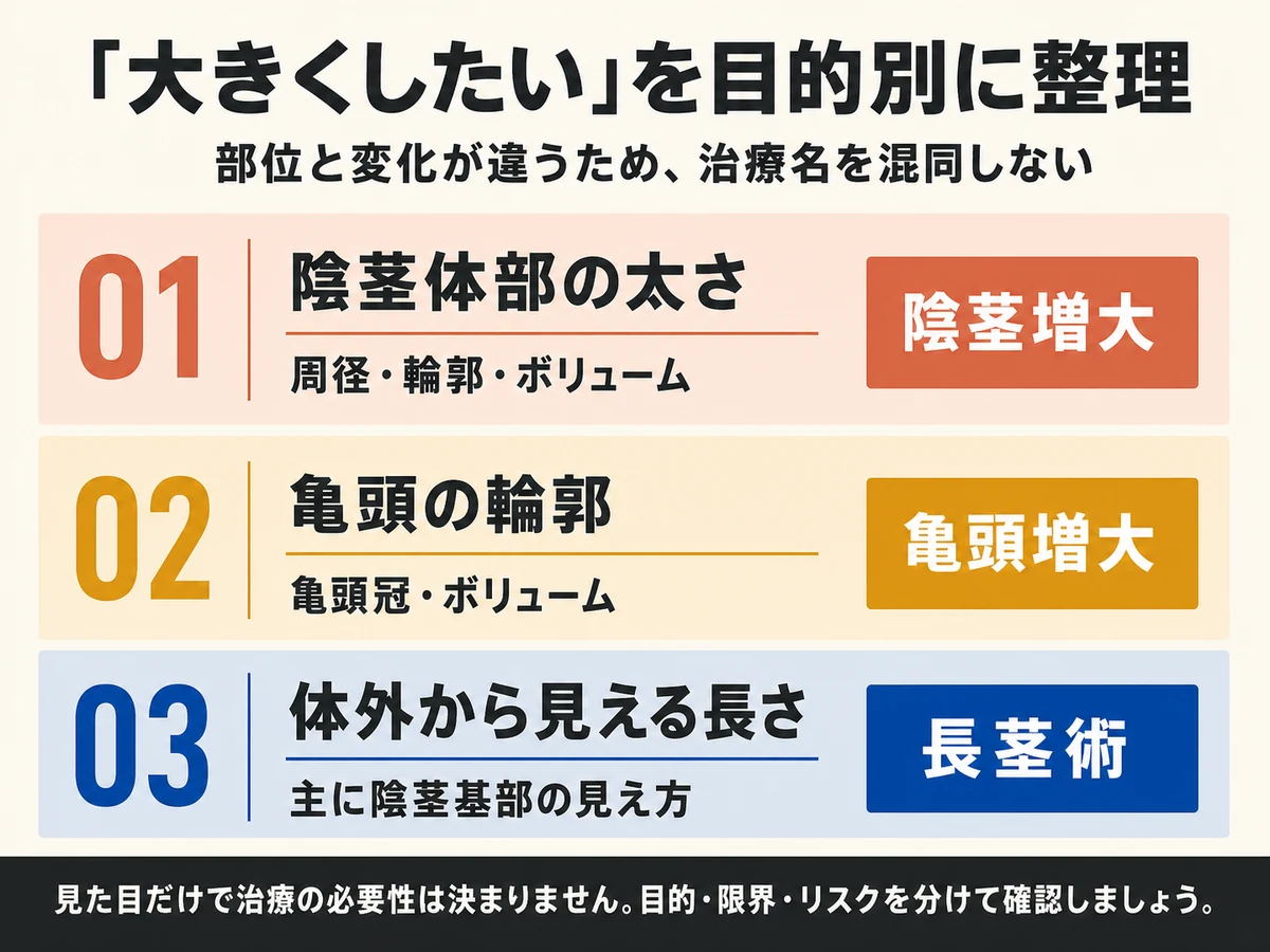 陰茎体部の太さ、亀頭の輪郭、体外から見える長さという治療目的の違いを整理した図