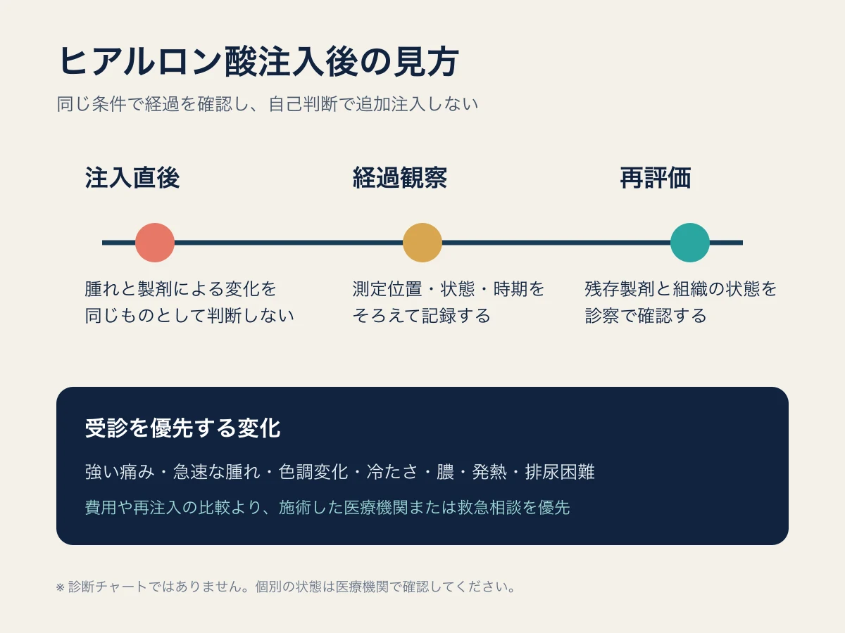 陰茎体部へのヒアルロン酸注入後に確認する時間経過と評価項目を整理した図