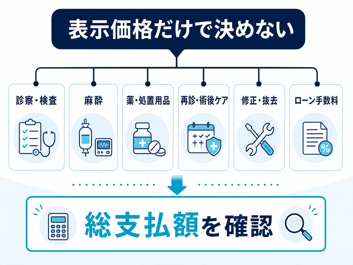 長茎術の表示価格から総支払額までに確認する費用項目を整理した図