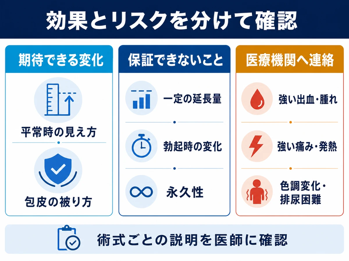 長茎術で期待できる変化と保証できない点、受診が必要な異常を整理した図