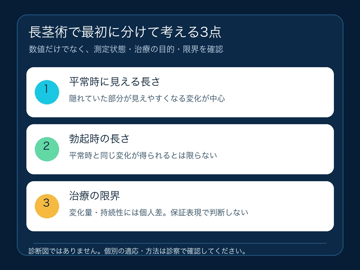 長茎術で確認したい平常時・勃起時・治療の限界を整理した図