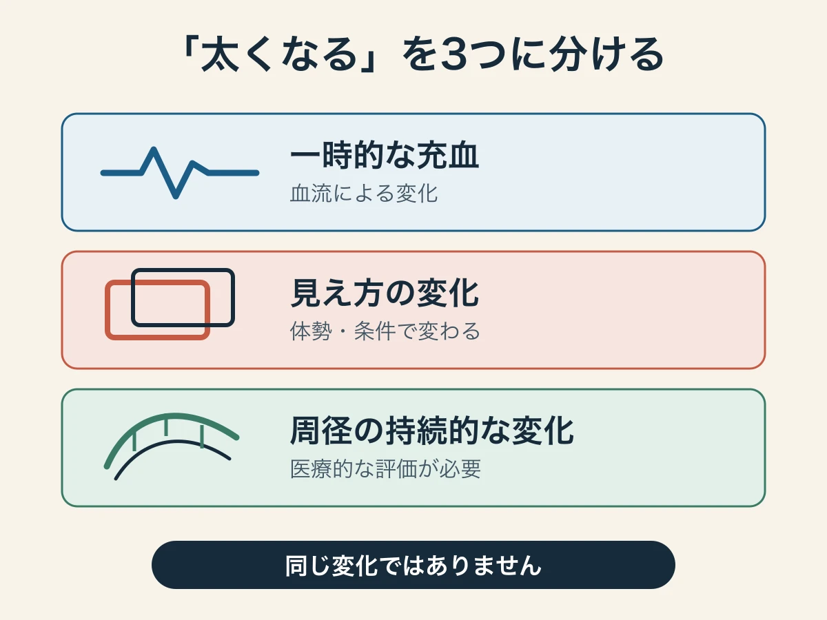 ペニスの太さに関する一時的な変化、見え方、医療的な周径変化を分けた図